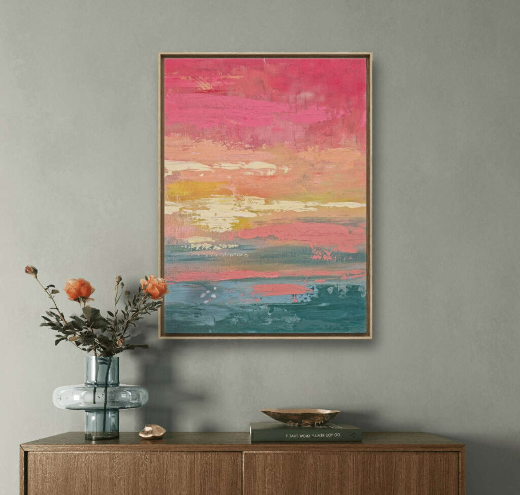 abstrakte Acrylmalerei bunt über einer Holzkommode an mintgrüner Wand