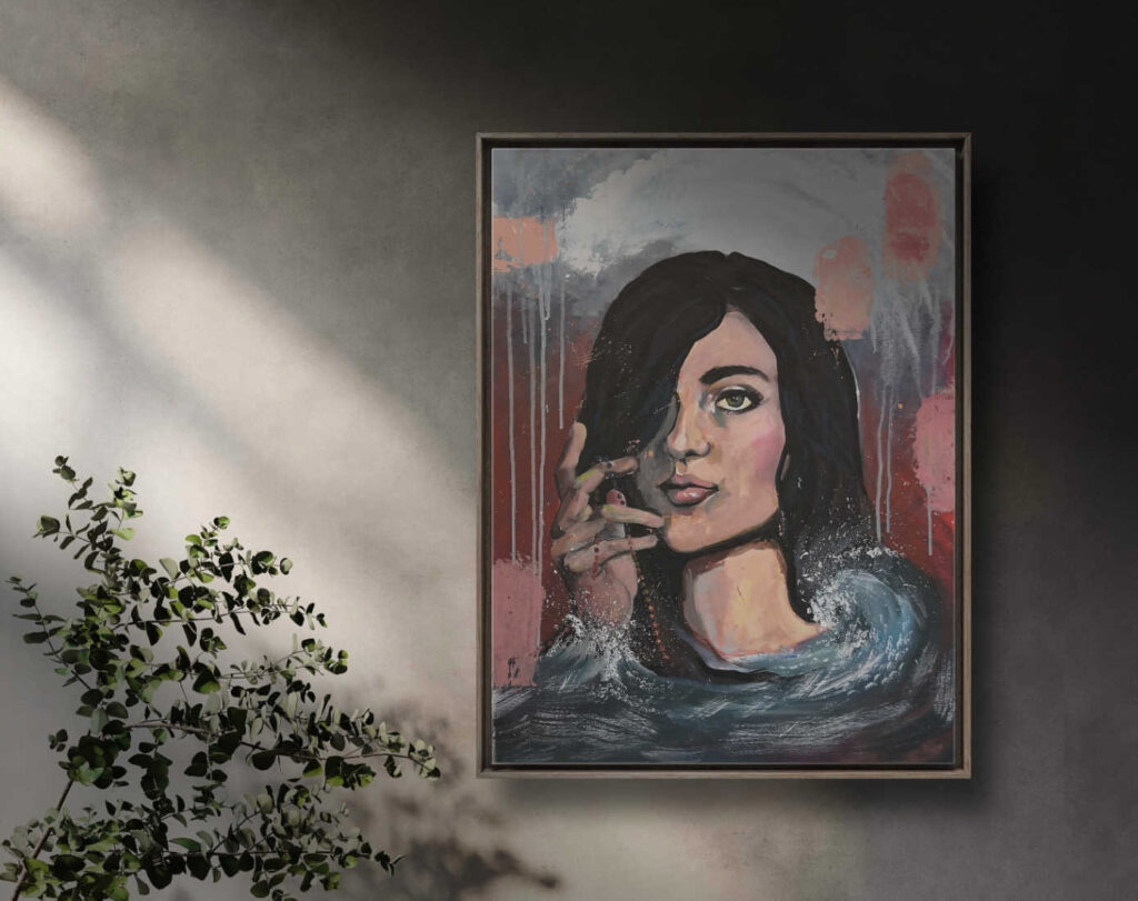 Gemälde Frau Abstrakt hängt an einer Betonwand mit Sonnenstrahlen und Pflanze