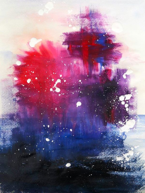 Abstrakte Acrylmalerei mit Rot Blau und Violett weiße Punkte und Spritzer