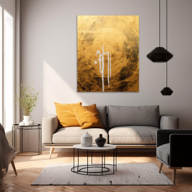 ein großes goldmetallic Artwork hängt über einer gemütlichen Couch